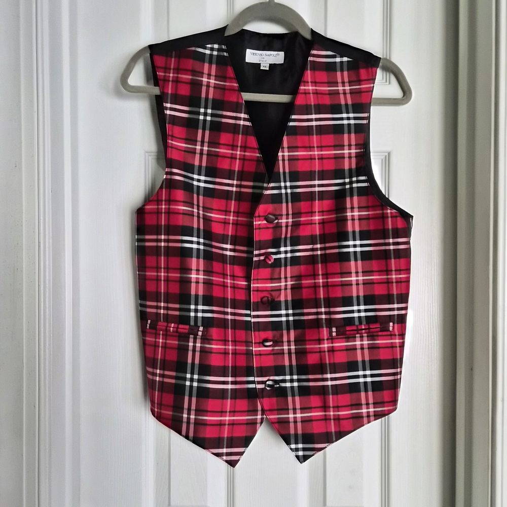 Vesuvio Napoli Mens XS Plaid Vest Red‎ Black White Tartan Formal Suit Waistcoat